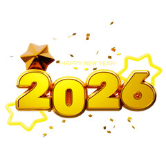 Happy New Year 2026 in gold with stars. 3D illustration