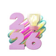Pastel 2026 numbers with glowing light bulb. 3D illustration