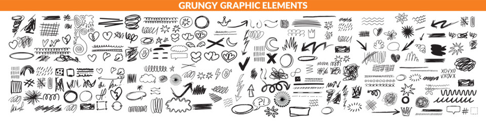 Vector set of grungy graphic elements. Street art texture hand drawn pencil underlines and strikethrough, scribble emphasis lines, crazy hatches, ovals and crosses. Each element is united and isolated