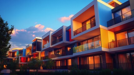 Obraz premium Modern glass office building glowing at night in a quiet urban cityscape