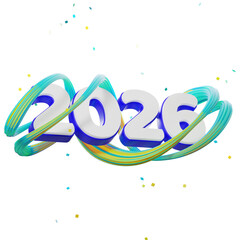 Neon swoosh wrapping vibrant 2026 typography. 3D illustration