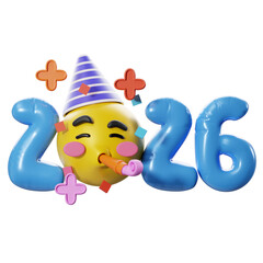 Emoji face with party hat beside 2026 digits. 3D illustration