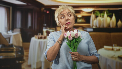 Senior woman holding pink tulip bouquet and touching chin in a dining building; quiet contemplation.