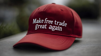 A close-up of a red baseball cap with white embroidered text. "Make Free Trade Great Again" is the slogan stitched onto the front of the hat. The background is out of focus.