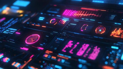 Displaying futuristic digital interface with glowing data dashboard - Powered by Adobe