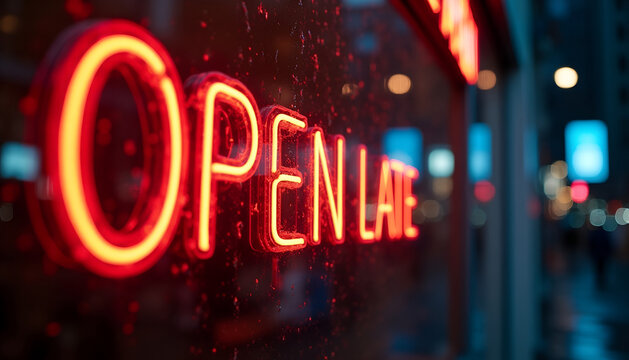 Red Neon OPEN LATE Sign on Rainy Storefront &mdash; Restaurant/Bar Banner