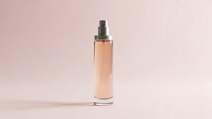 A slender glass bottle of pink liquid perfume with a silver spray cap on a soft pink background.