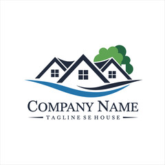 Modern Real Estate Logo – Elegant House Roof, Blue Wave and Property Design