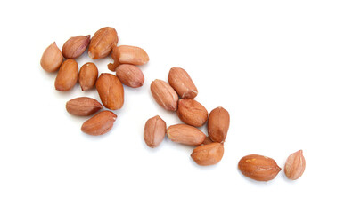 Dried peanuts in closeup on white