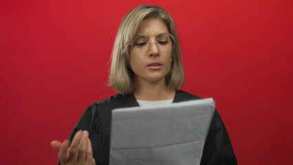 Fototapeta premium Young blonde woman judge reading court document, hand gripping sheet in studio setting; justice focus.