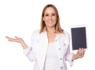 Portrait of happy young woman in casual clothes showing tablet screen over transparent background. Technology concept.