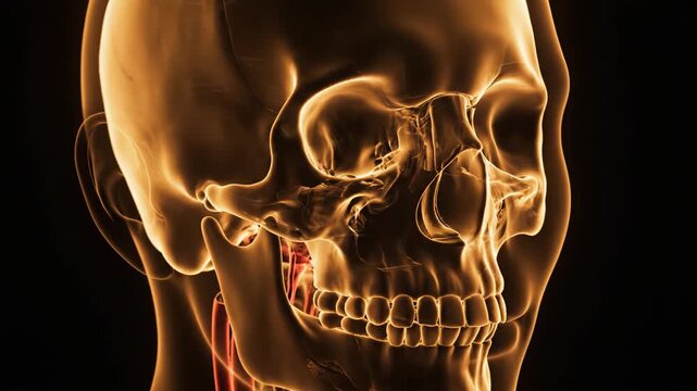 Glowing 3d rendering of human skull and neck anatomy showing bone structure and major blood vessel system