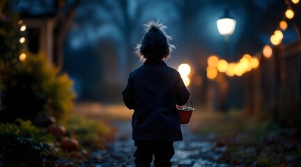 Child in a hat walking at night with decorative lights