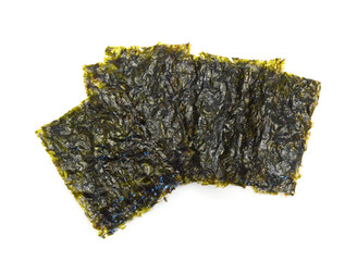 Crispy nori seaweed isolated on white background. Japanese food nori. Dry seaweed sheets.