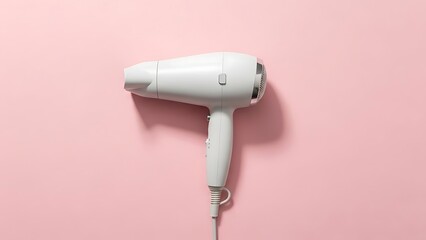 Fototapeta premium A white electric hair dryer with its cord neatly placed on a vibrant pink background, viewed from directly above.