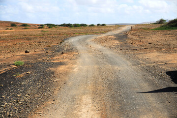 A Road in the barren landscape in the north of boa vista, Cape Verde, Africa