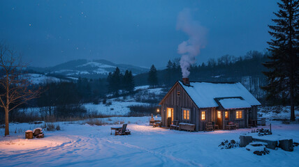Snow falls silently as smoke rises from the cabin’s himney