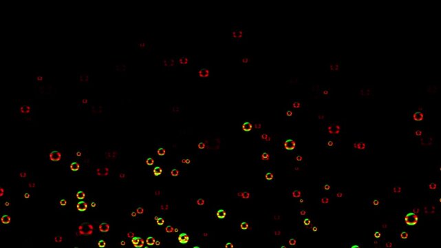 Abstract floating red bubbles with iridescent green reflections against a solid black background