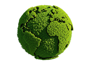 A vibrant green globe covered in lush vegetation, symbolizing environmentalism and ecological awareness, isolated on transparent background
