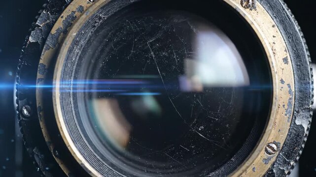 Macro Shot of Vintage Cinema Lens Glass with Blue Anamorphic Flare Streak 4K