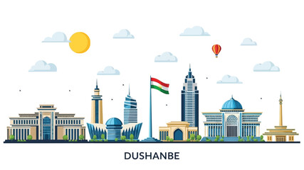 Obraz premium Dushanbe city skyline illustration with iconic landmarks and a national flag, symbolizing a vibrant capital city