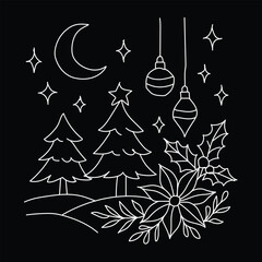 Merry Christmas holiday card vector illustration: green pine tree design with snow pattern and star decoration