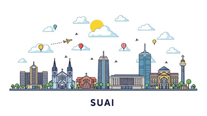 Obraz premium Modern vector illustration of a vibrant city skyline, showcasing diverse architectural landmarks and urban structures against a clear sky, ideal for travel and urban design concepts