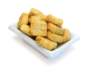 Garlic and cheese bread slices on white background