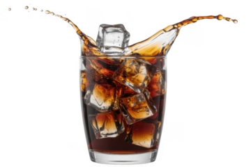 Cola splash in glass with ice cubes isolated on a transparent background