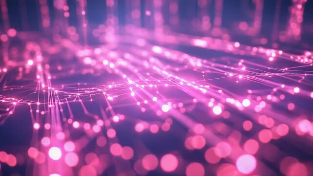 Digital circuit board with glowing pink data flowing