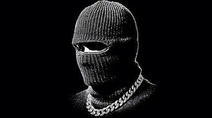Stylized monochrome portrait of person wearing textured knitted balaclava and layered chains in dramatic contrast