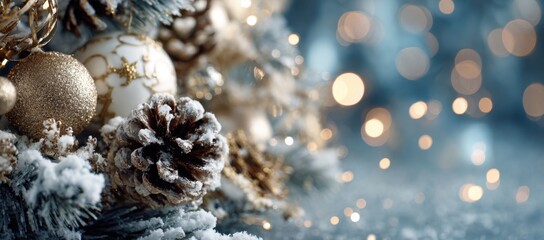 Christmas background with white and gold decorations.