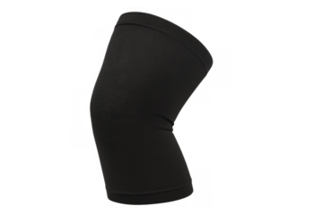 Black knee compression sleeve offering joint support for sports, exercise, injury recovery, and muscle stability. Transparent background