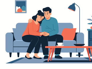 Modern flat illustration of a young couple showing empathy and emotional support, ideal for relationship counseling, mental health education, and love communication content
