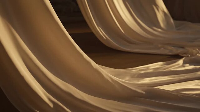 Soft cream fabric folds cascade in warm light, shaping graceful waves and inviting tactile richness