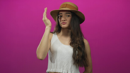 Fototapeta premium Woman wearing straw hat and white tank top covers eyes with hand against vivid pink backdrop in studio; secrecy.