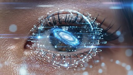 Close up of human eye with futuristic digital interface overlay showing a glowing blue galaxy and network connection - Powered by Adobe