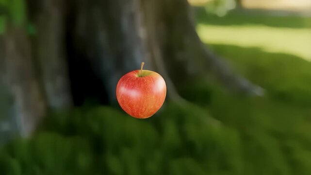 3D apple gravity field visualization with circular waves on grass illustrating gravitational force and Newtonian physics concept. Science education animation. Digital render.