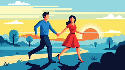 Flat vector artwork of a couple walking hand in hand outdoors, ideal for romance themes, relationship bonding visuals, and lifestyle illustrations