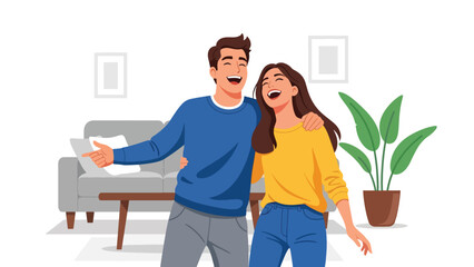 Modern flat illustration of a young couple laughing together, ideal for positivity campaigns, relationship visuals, lifestyle designs, and emotional wellbeing content