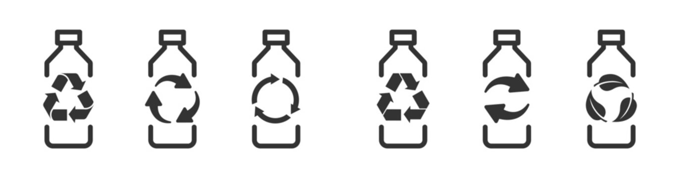 Recycled plastic bottle logo icon with recycling arrow and green leaves. Plastic bottle and recycling arrows. PET food and beverage packaging. Recycle plastic bottle icon. Bottle with recycle symbol.