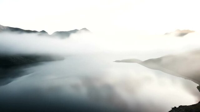 Misty Lake Scene with Mountains and Overcast Sky.