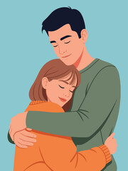 Modern flat illustration of a warm couple’s hug, ideal for relationship bonding visuals, emotional health content, and love-themed designs