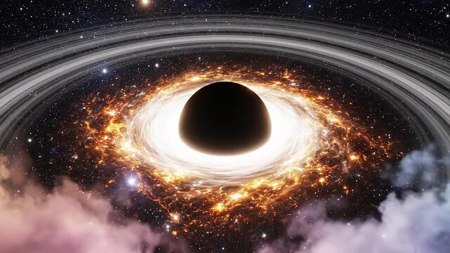 A black hole with glowing accretion disk; surrounding cosmic gas, stars swirl in space. near horizon
