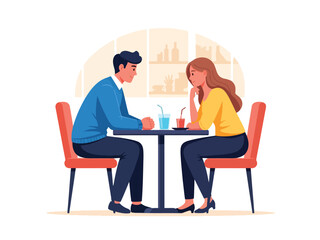 Modern flat illustration of a couple having a heartfelt conversation in a café, ideal for relationship communication content and lifestyle visuals