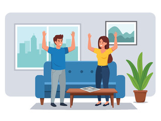 Modern flat illustration of a couple celebrating with joyful energy, ideal for lifestyle graphics, relationship visuals, and positive emotion themes