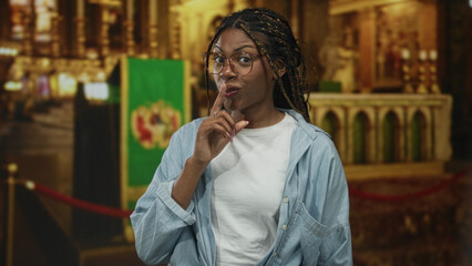 Woman points finger and places finger to lips for silence in church interior near altar and rope barrier; reverence.