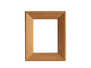 Empty rectangular picture frame made of light brown wood with visible grain on a solid black background