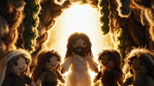 Amigurumi Biblical Diorama with Knitted Wool Figures in Stop Motion Macro