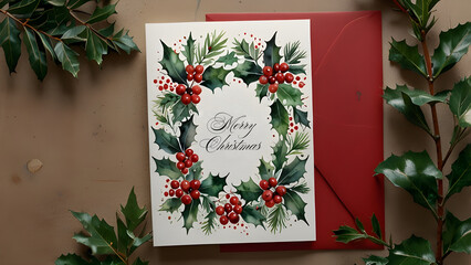 Watercolor Holly Leaves and Red Berries Christmas Background Festive Botanical Illustration